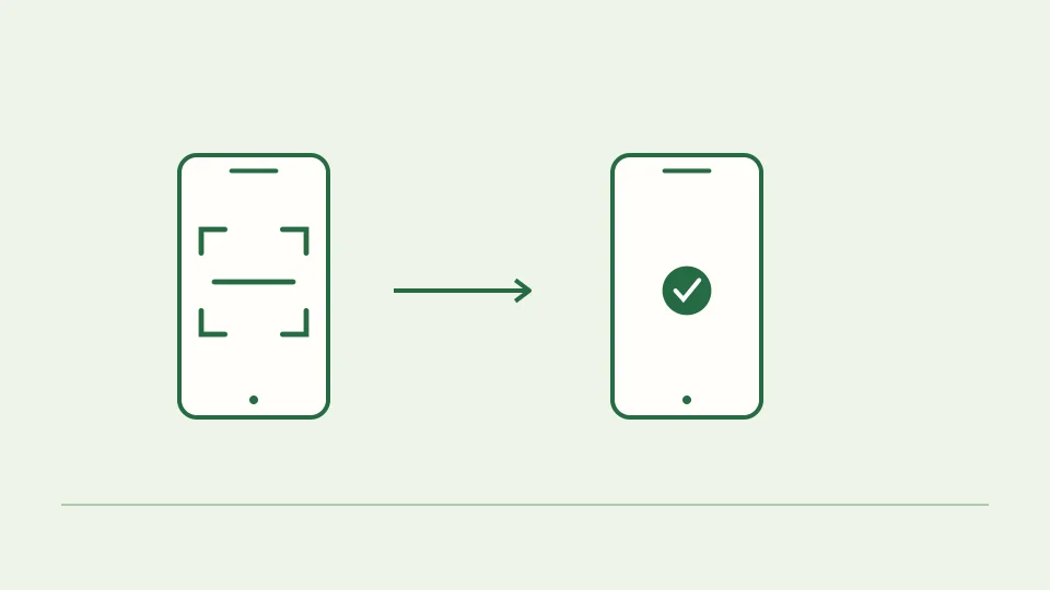 An illustrated phone scanning a receiving code, followed by a separate payment review screen.